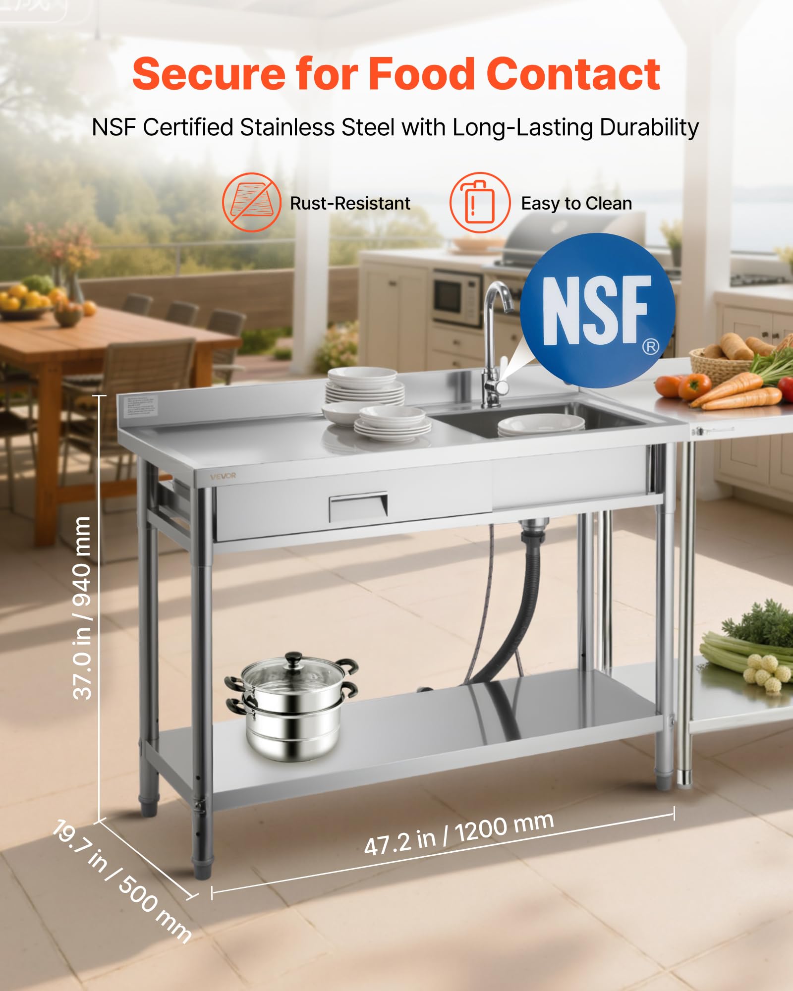 VEVOR Lavandino Mobile da Cucina 1200 x 500 x 940 mm, Vasca Singola con Rubinetto e Cassetto, Lavello da Cucina per Garage, Ristorante, Lavanderia, Lavabo da Esterno con Piano di Lavoro Sinistra