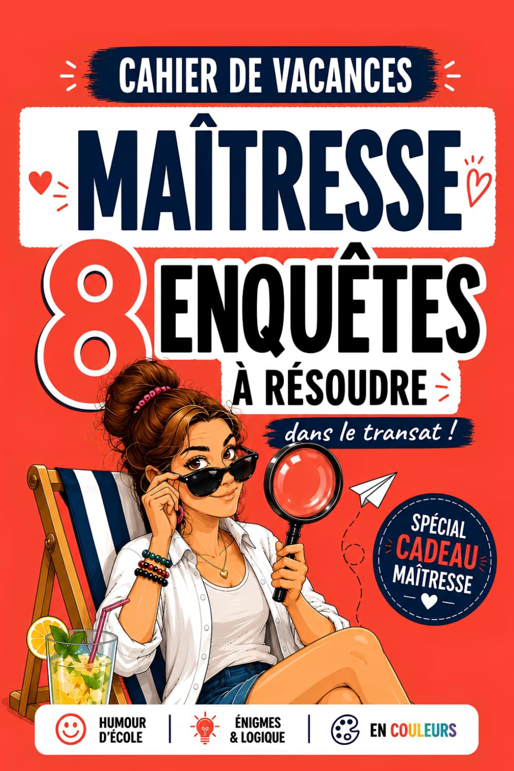 Cahier de Vacances Maîtresse : 8 Enquêtes à Résoudre dans le Transat: Cadeau Maîtresse d'École Original Fin d'Année - Humour, Énigmes & Jeux 100% en Couleurs