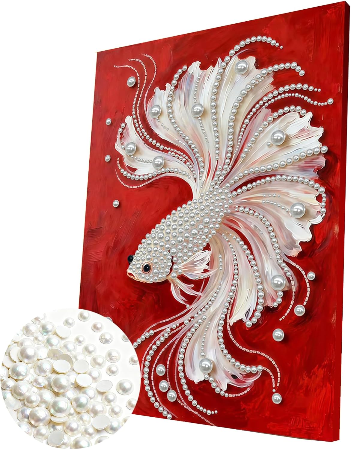 POETRYDRAW DIY Diamond Pearl Painting Kit for Adults Fish, Beginner Friendly Craft Kits with Frame 30x40cm, Home Decor Housewarming Gift, Diamond Dots Beads Canvas Art for Wall Decor