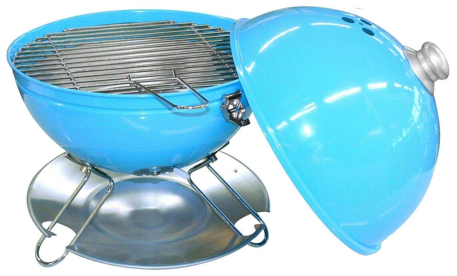 Portable Table Top Kettle BBQ - 43cm Height Charcoal Barbecue in Blue - Features Lid with Ventilation, Chrome-plated Steel Grill with 29cm Diameter - Perfect for Grilling Meats & Vegetables