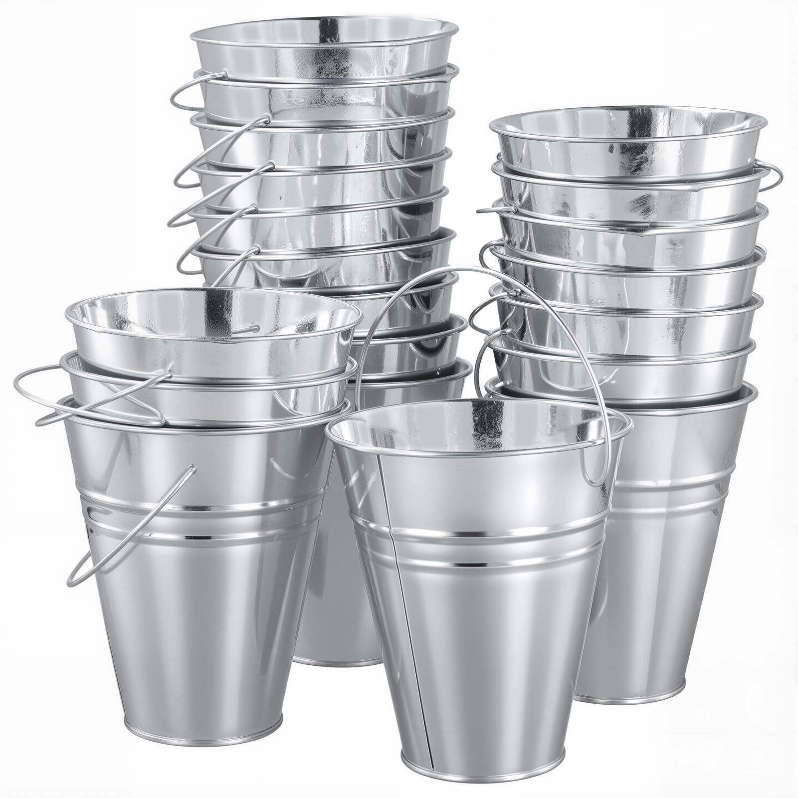 Japchet Silver 20Pcs 4.5 Inch Small Metal Tin Buckets, Mini Galvanized Pails For Plant Pot Container