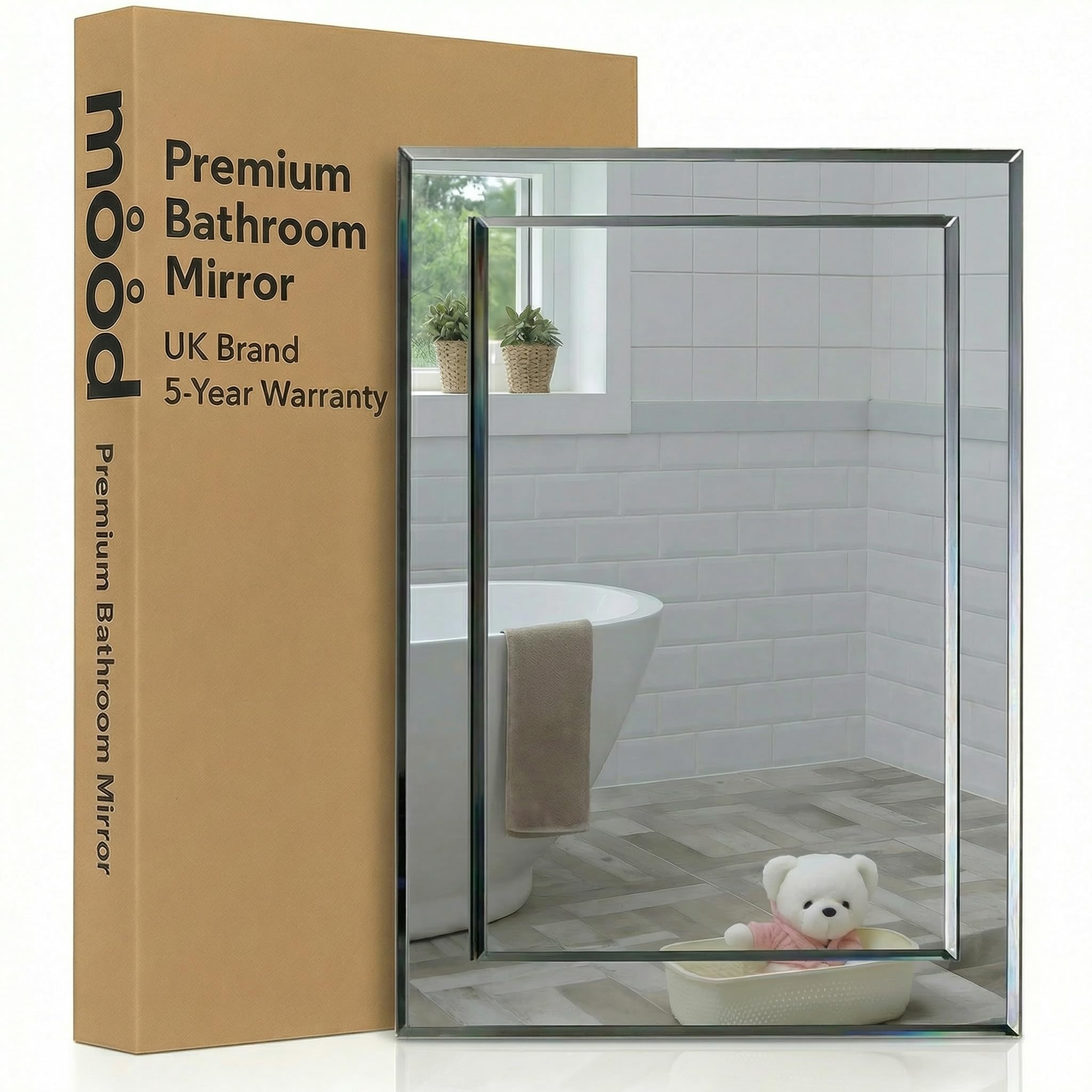 Neue Design Mood® Premium Rectangular Bathroom Mirror, Anti-Rust Wall Mounted Bevelled Frameless Mirrors, Hangs Both Ways, Double Layer of Glass, Toilet Bedroom Hallway, (50cm x 40cm)