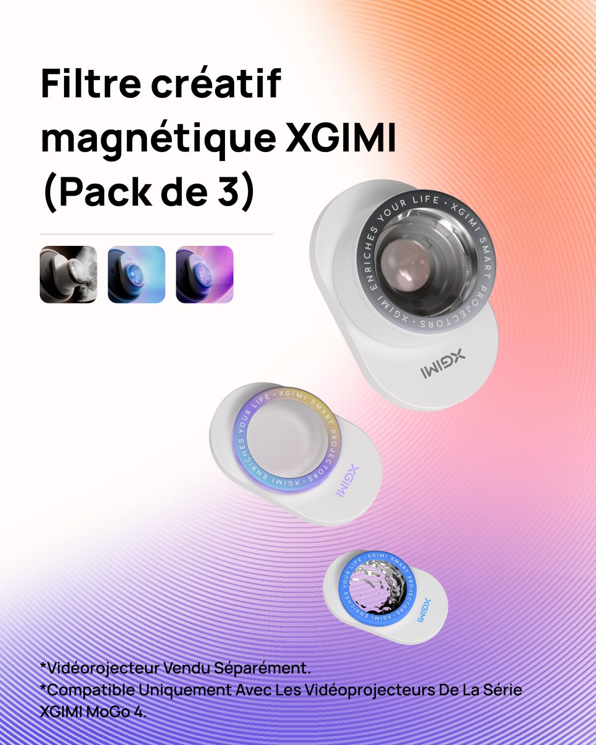 XGIMI Filtres Magnétiques Pack 3 Série MoGo 4 | Lunar/Ripple/Dreamscape, fixation magnétique, changement gestuel, musique d'ambiance, compatible série MoGo 4