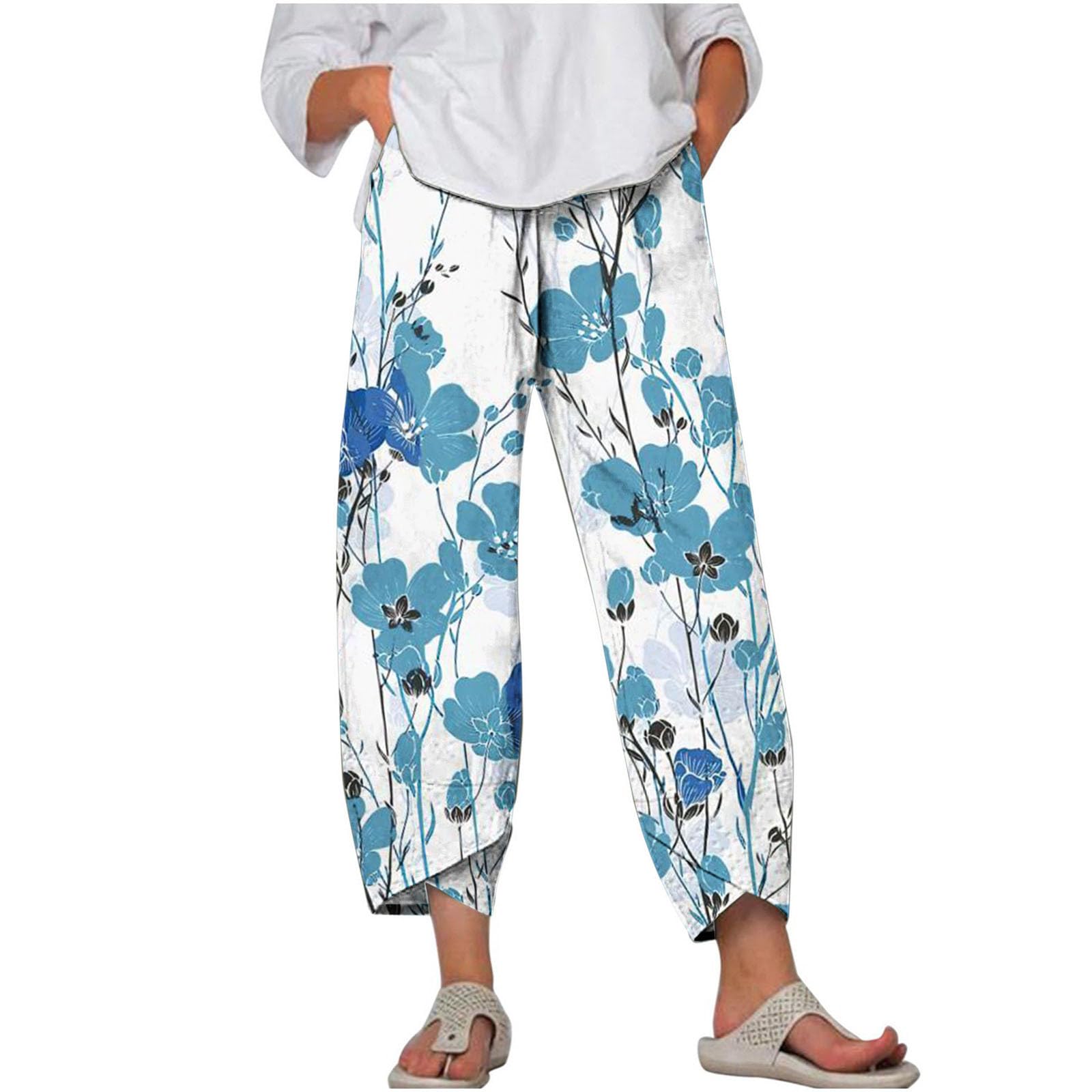 7/8 Hosen Damen Sommer Musselin Leinen Damen Hose Leinen Baumwolle Farbverlaufsdruck Sommerhose Casual Leichte Bequeme Luftige Freizeithose Strandhose Mit Taschen Stretch High Waist mit Kordelzug