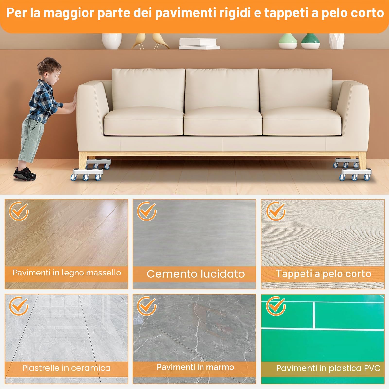 NIUXX Sollevatore Mobili, Set per Spostare Mobili Pesanti con Ruote Girevoli a 360°, Sposta con Facilità, Adatto per Vari Tipi di Mobili (1,5 rettangolare pollici + piede di porco)
