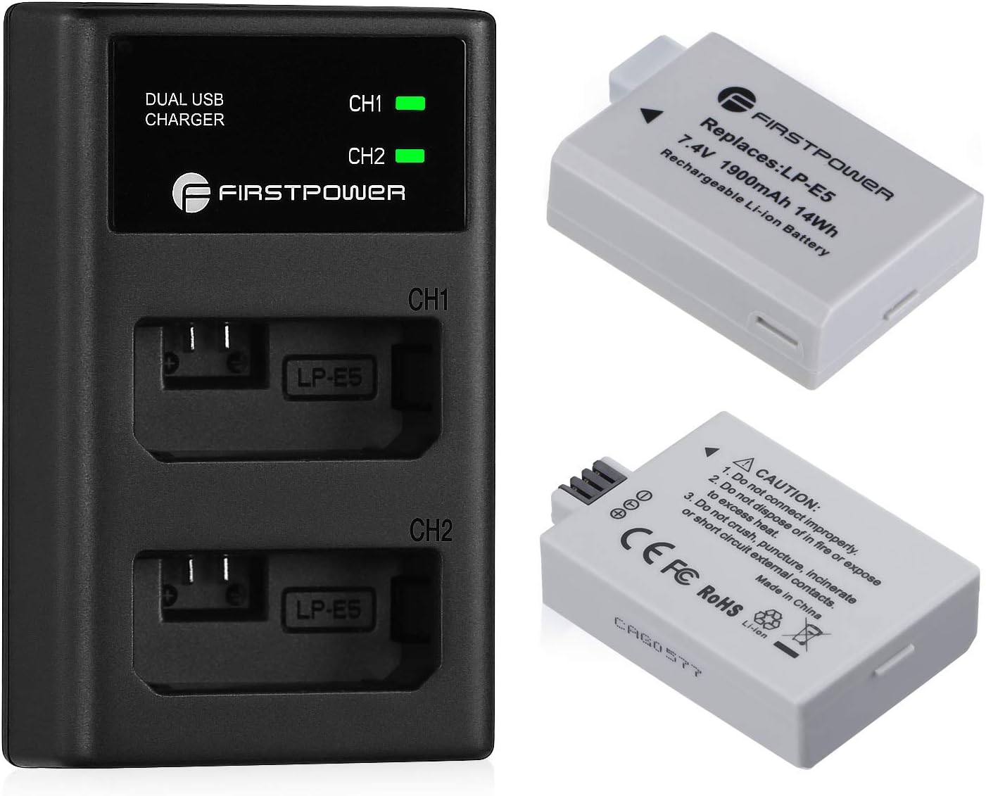 FirstPower LP-E5 Batteries (2 Pack, 1900mAh) and Dual USB Charger Compatible with Canon EOS Rebel XS, Rebel T1i, Rebel XSi, 1000D, 500D, 450D, Kiss X3, Kiss X2, Kiss F