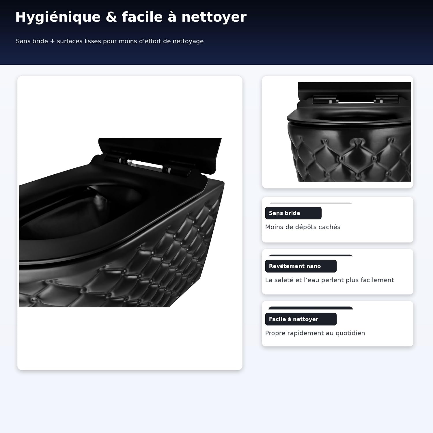 Cuvette WC suspendu noir mat sans bride – vue frontale