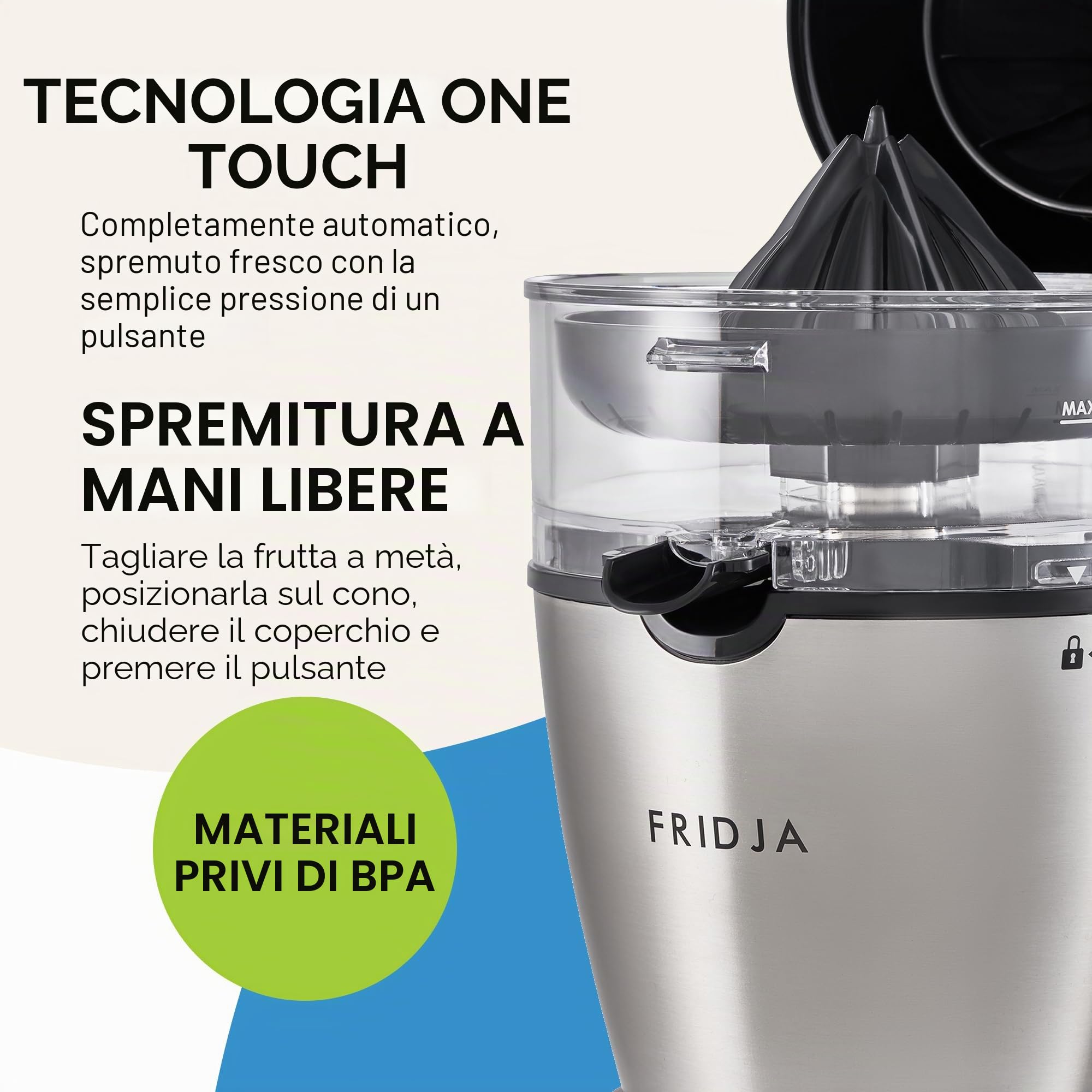 Spremiagrumi automatico (un pulsante per funzionare), senza fuoriuscite, senza schizzi, facile da pulire, spremiagrumi per succo appena spremuto, in acciaio inox, 50 W, 400 ml, Fridja f900