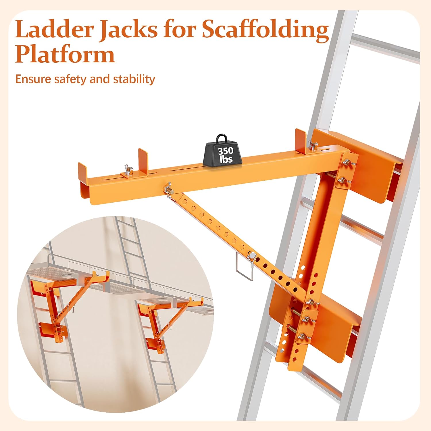 2 Pack Ladder Jacks for Scaffolding Platform, Heavy-Duty Steel Ladder Jacks Scaffold Bracket 350 Lbs Capacity, Adjustable Ladder Jack, Two-Rung Short Body Extension Ladder Jack for Jobsite 20'' Stage