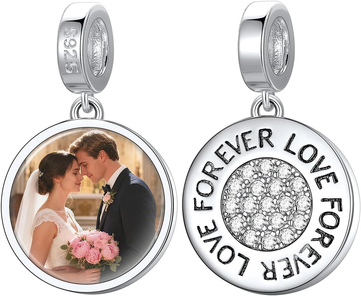 Custom4U Photo Charms for Bracelets 925 Sterling Silver/Gold Plated Heart/Tree of Life/Round Charm Bead Personalized with Picture Custom Personalized Memorial Jewelry Gift for Women Mom