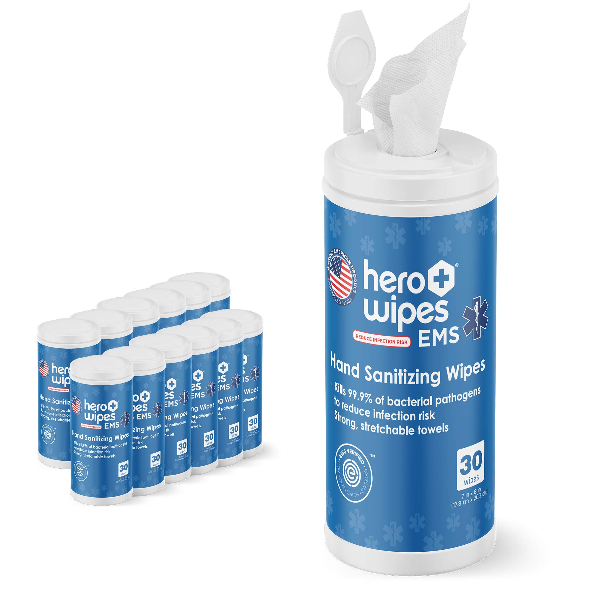 Hero Wipes EMS Sanitizing Wipes 65% Ethyl Alcohol Canister of 30ct Extra Thick and Large 8x7" Wipes 