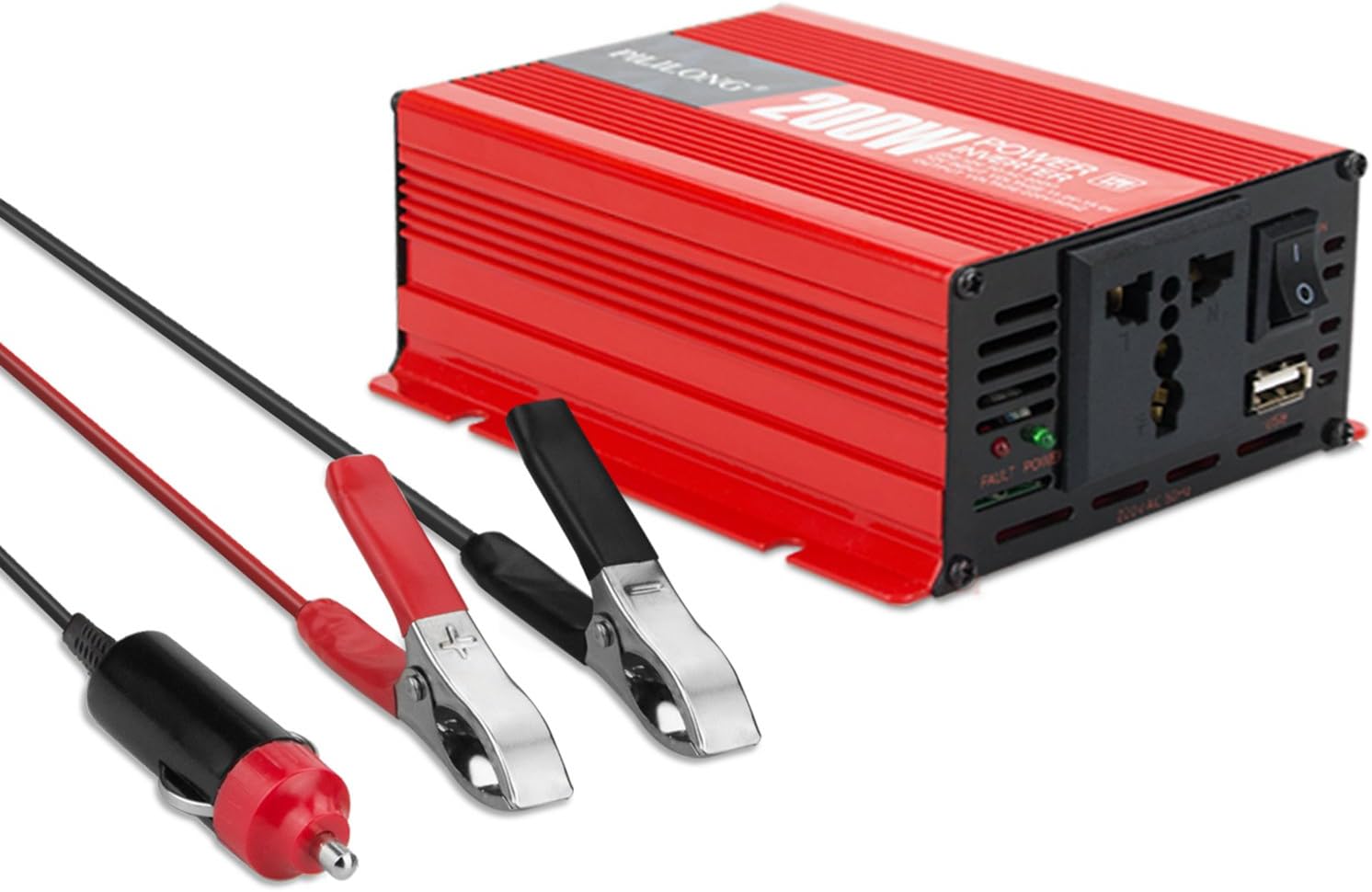 Spannungswandler DC 12V auf AC 230V 200W Auto Wechselrichter mit 1 USB Anschluss und Euro Steckdose und UK Steckdose, Autoladegerät Inklusive Kfz Zigarettenanzünder Stecker und Batterieclip (200W)