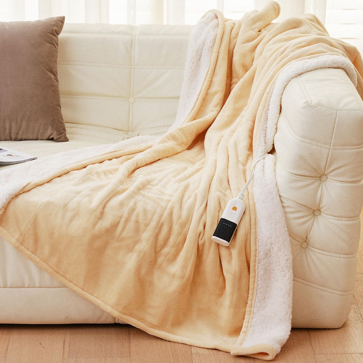 JET'S HOME Manta Eléctrica 130x180 cm, Manta calefactora 6 Niveles de Calor, Temporizador Ajustable, Lavable a Máquina, Protección contra Sobrec Calentamiento (Amarillo)