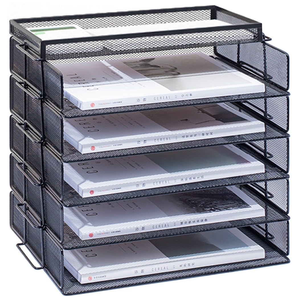 ZESLIV Desk Organiser with File Holder, 5-Tier Paper Organiser with Drawer and Top Box, Mesh Desk File Organiser with Magazine Holder for Office Organiser, Black