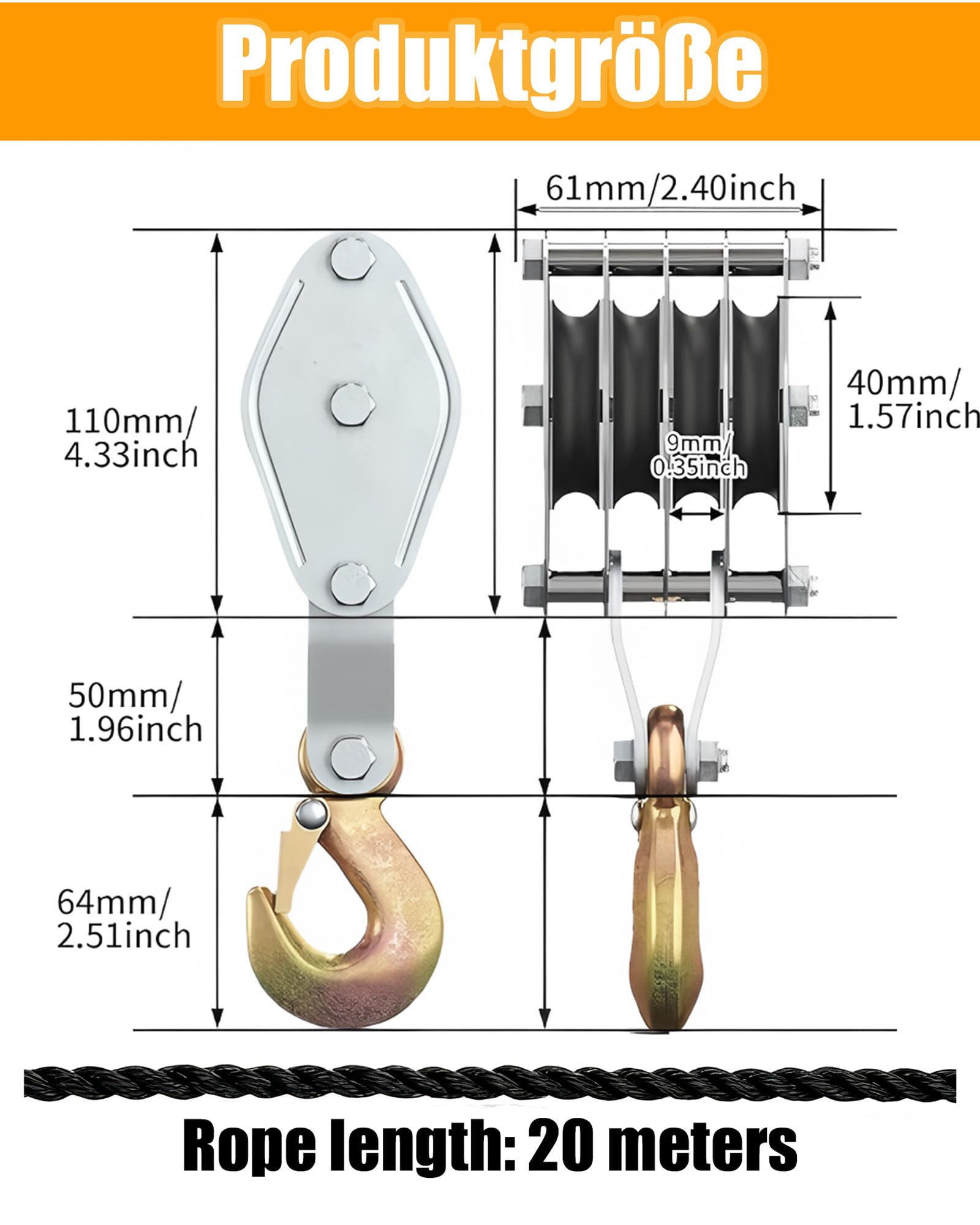 Poulie lourde avec frein à câble en nylon de 20 m : poulie de charge maximale 4400 lb Cordes de levage manuelles économiseur de main-d'œuvre Palan haute performance pour garages, entrepôts (1, argent)
