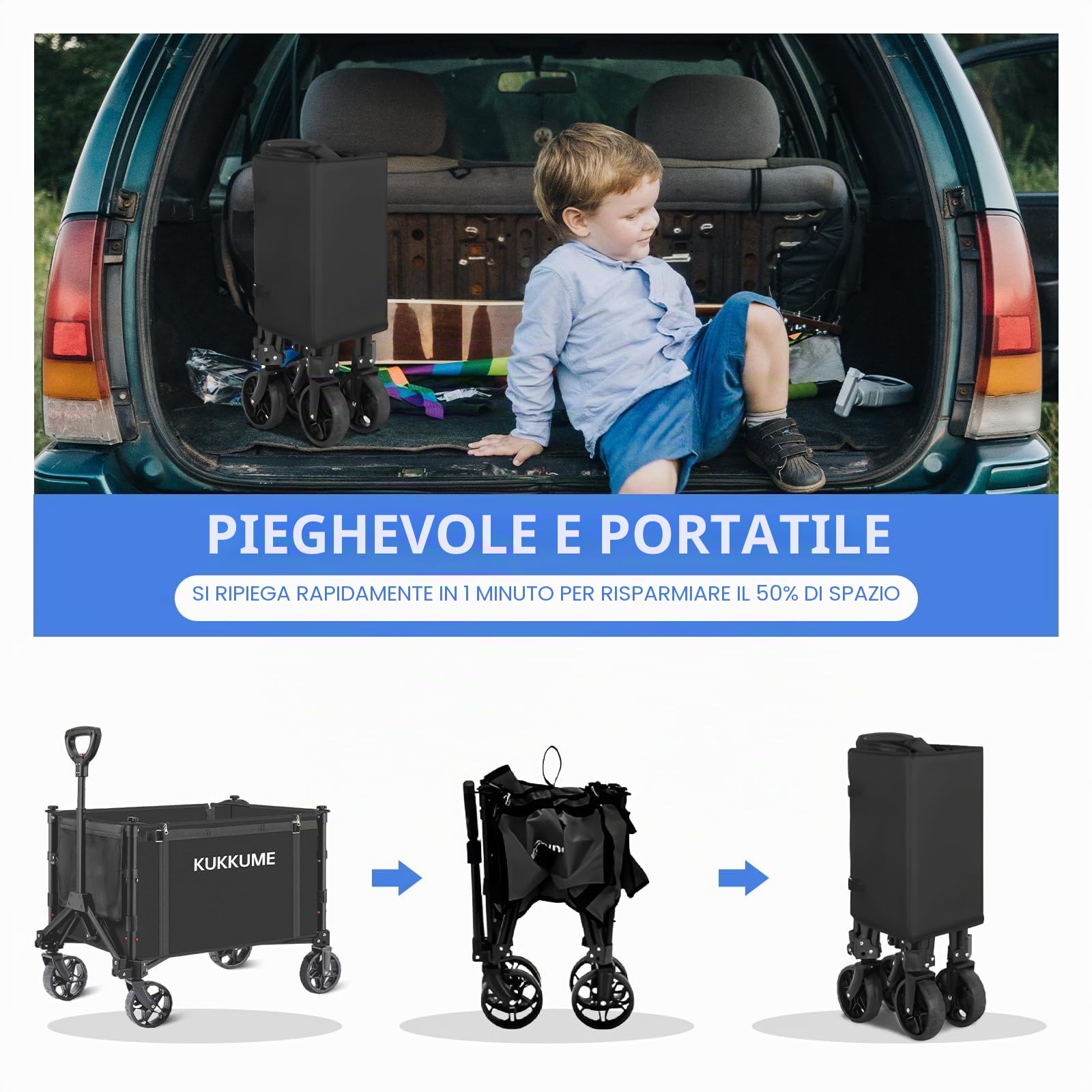 Carrello Pieghevole 3 in 1 con Ruote Portatutto Spiaggia 120 L 100 KG Carrello Campeggio Portatile con Strisce Riflettenti e Manico Regolabile per Giardino Sport Shopping Campeggio Nero