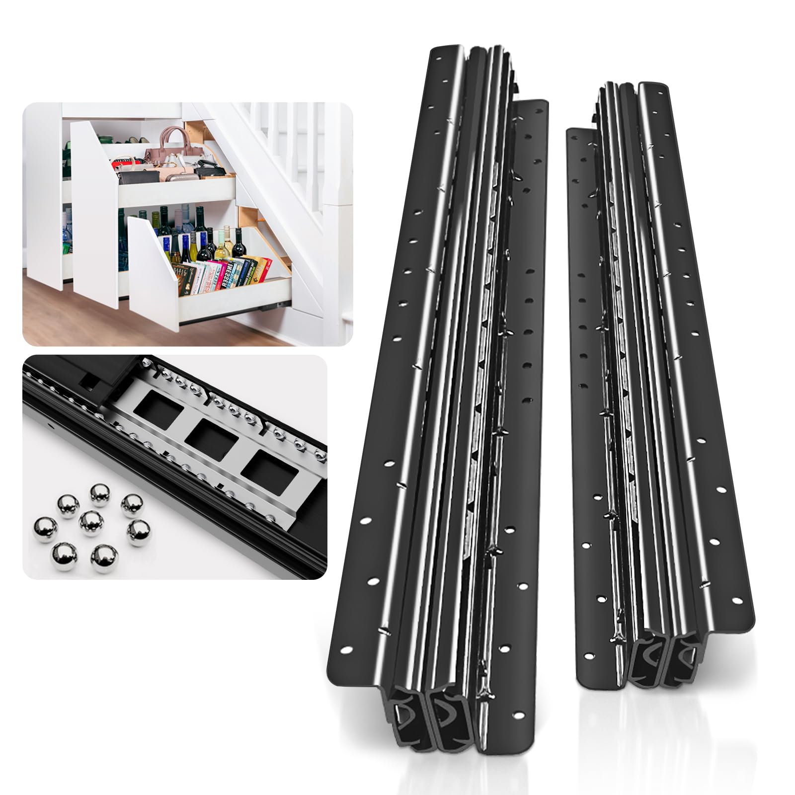 ToBeGreat Bottom Mount Heavy Duty Drawer Runners 600-1450mm Under Stairs 120kg Load Capacity Undermount Heavy Duty Drawer Slides Ball Bearing Hidden Rails 1 Pair Black (600mm Closed, 1450mm Extended)
