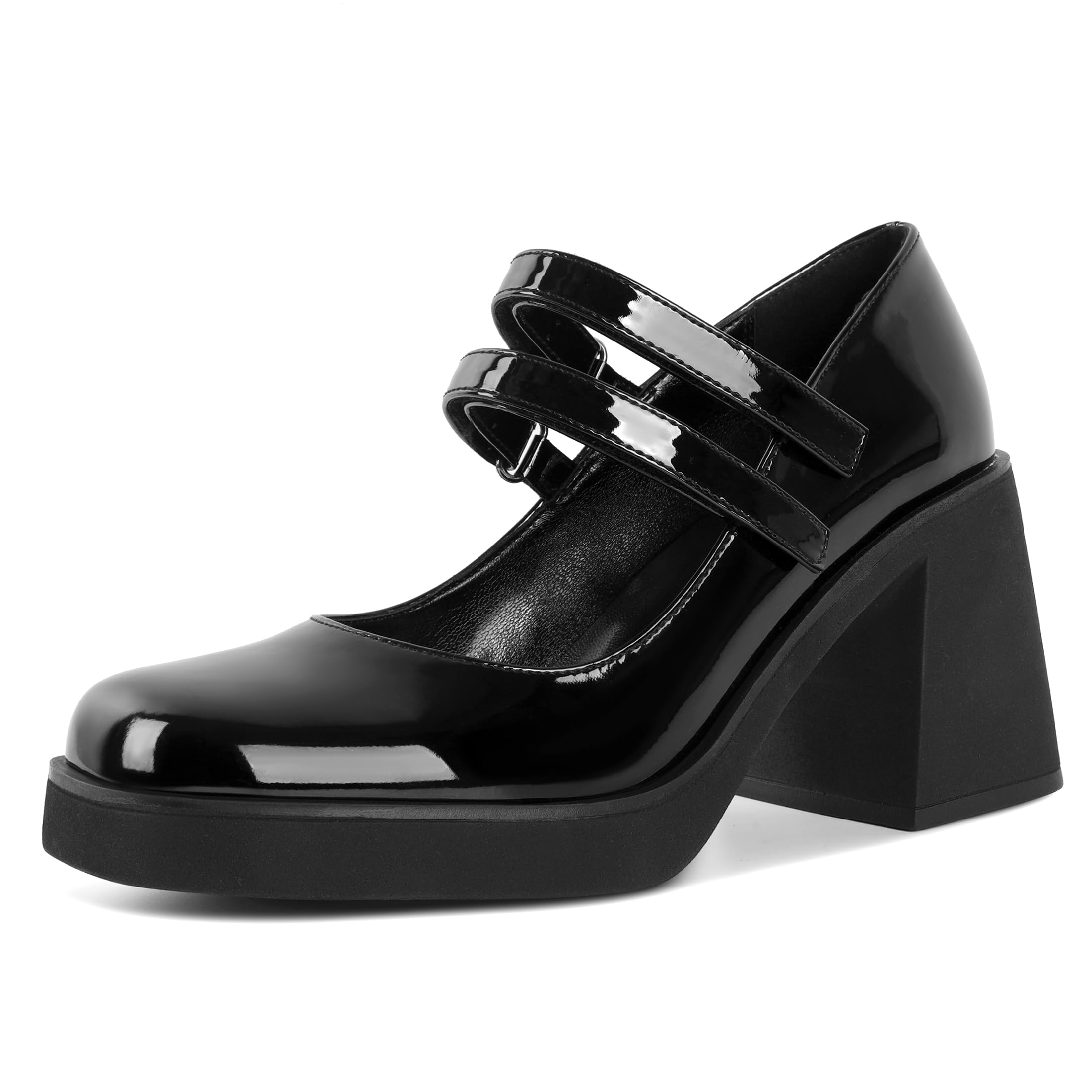 SAMMITOP Women's Platform Mary Jane Pumps Strap Square Toe Chunky Block High Heels Fashion Wedding Party Shoes 3.5 Inch