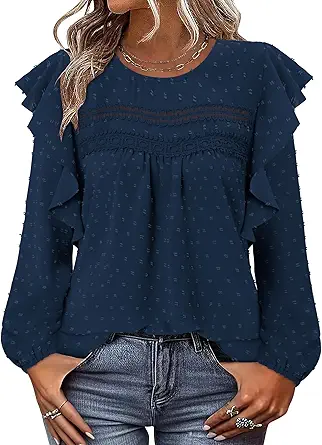 BETTE BOUTIK Womens Boho Fall Long Sleeve Shirts Crewneck Dressy Casual Blouses Trendy Flowy Tops