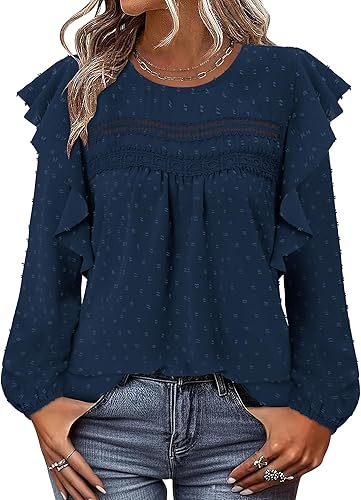 BETTE BOUTIK Womens Boho Fall Long Sleeve Shirts Crewneck Dressy Casual Blouses Trendy Flowy Tops