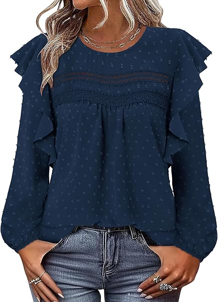 BETTE BOUTIK Womens Boho Fall Long Sleeve Shirts Crewneck Dressy Casual Blouses Trendy Flowy Tops