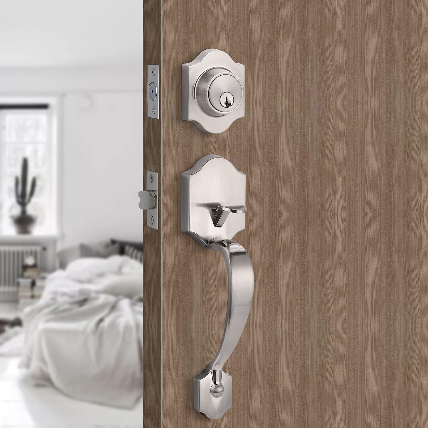 home improvement direct Single Cylinder HandleSet with Lever Door Handle (for Entrance and Front Door) Single Cylinder Deadbolt Handle Set Satin Nickel Finish (Style A)