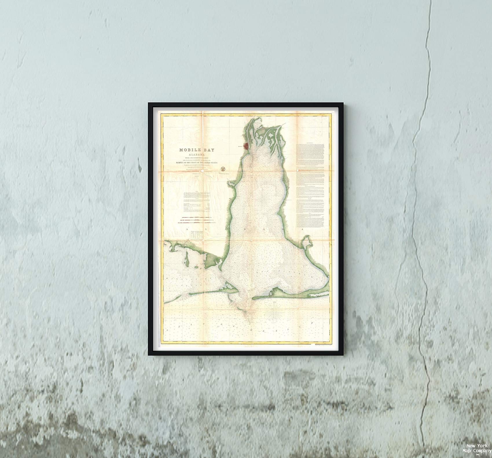 Map|1856 U.S. Coast Survey of Mobile Bay, Alabama -|Vintage Fine Art Reproduction|Size: 18x24|Ready to Frame
