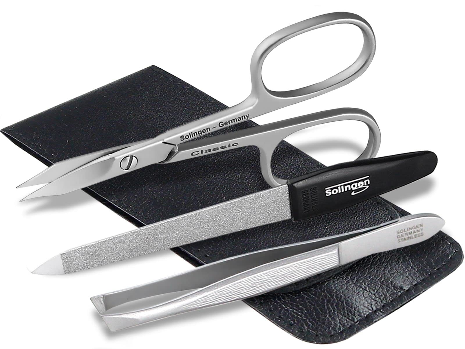 Maniküre Set aus Solingen Nagelschere Pinzette und Nagelfeile im Leder Etui