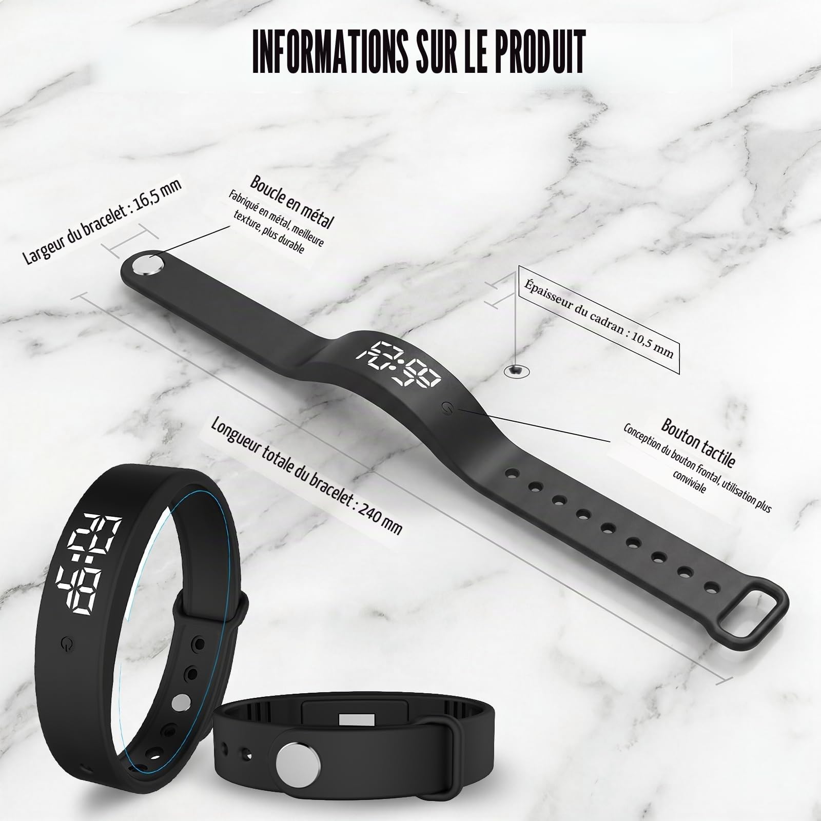 Bracelet Reveil Vibrant, 2026 Nouveau Bracelet Reveil, Réveil Silencieux, Jusqu'à 10 Alarmes Personnelles, Montre de Réveil avec Vibration Douce pour Enfants et Adultes