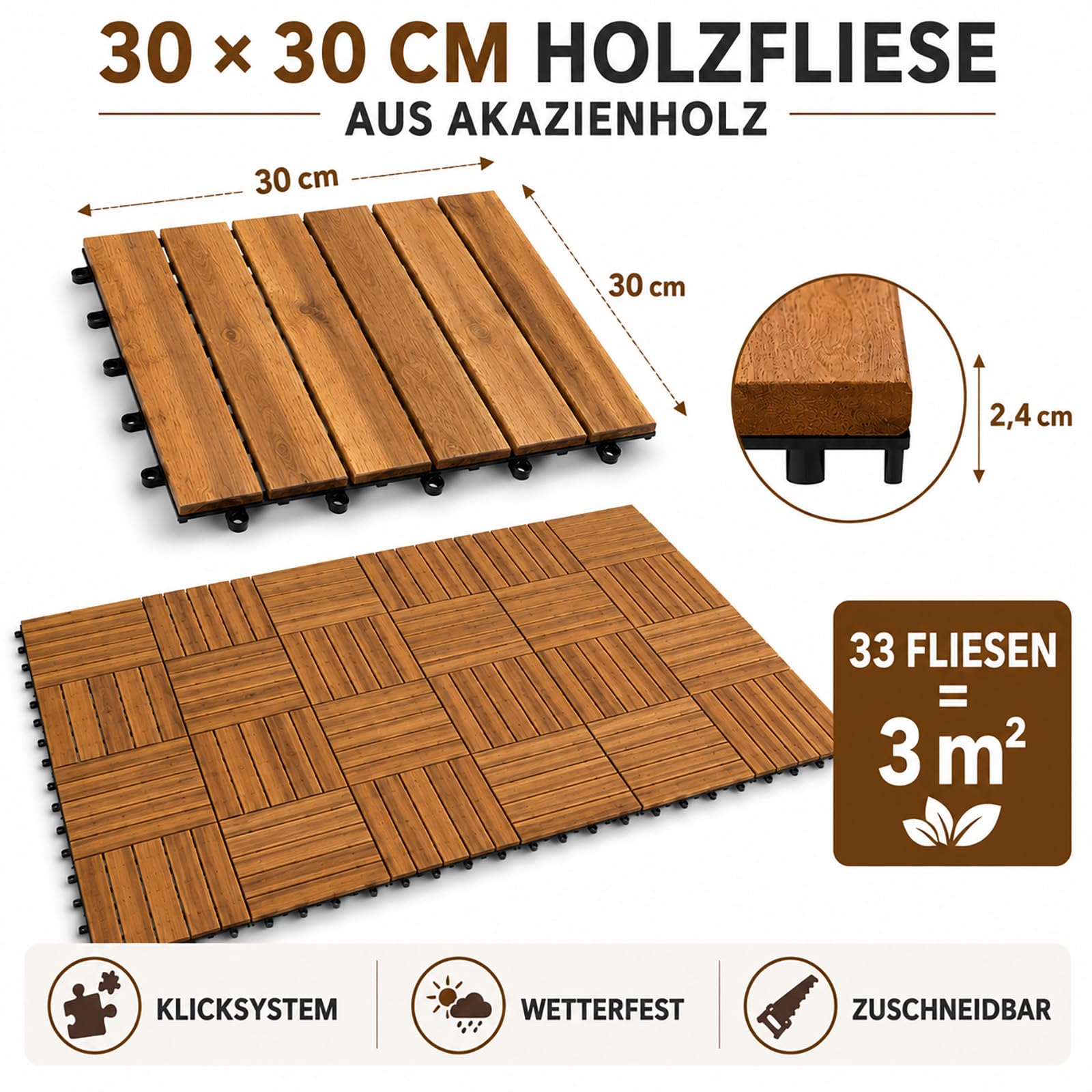 Holzfliesen 3m² Balkonfliesen 30x30cm Akazie Klicksystem