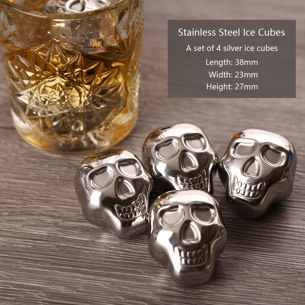 Stainless Steel Chilling Stones Reusable Skull Head Ice Cubes Set of 4-4 Silver Skulls - Whiskey Wine Beer Vodka Chillers — Amazon image 4