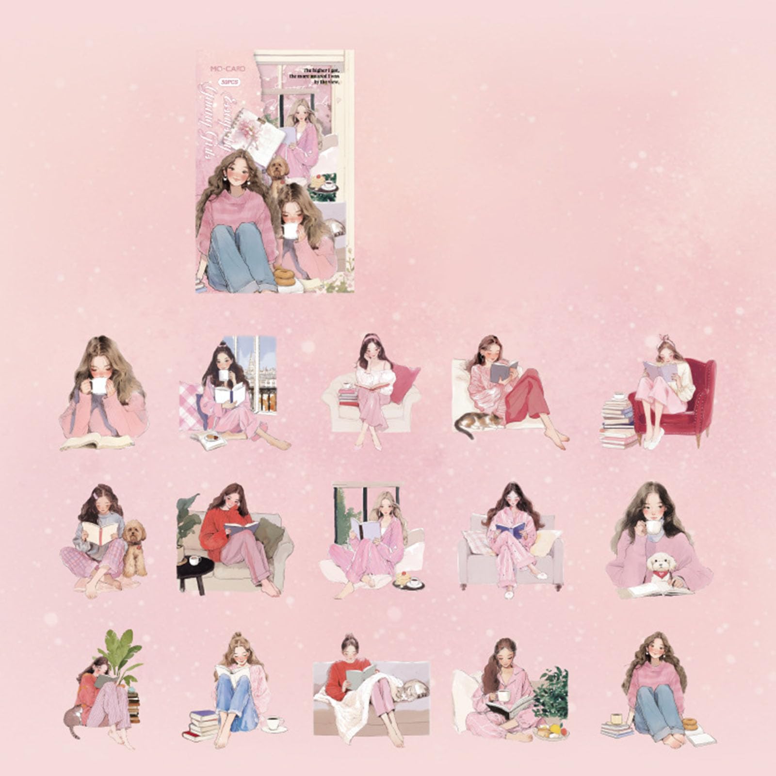 Reading Girl Sticker Decorative Stickers Cartoon Lovely Journal Stickers for Journaling Decoration Luggage