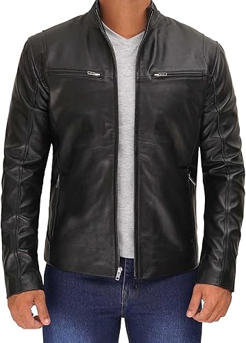 Blingsoul Chaqueta de cuero negro Hombres - Chaquetas de cuero real para hombre estilo motocicleta