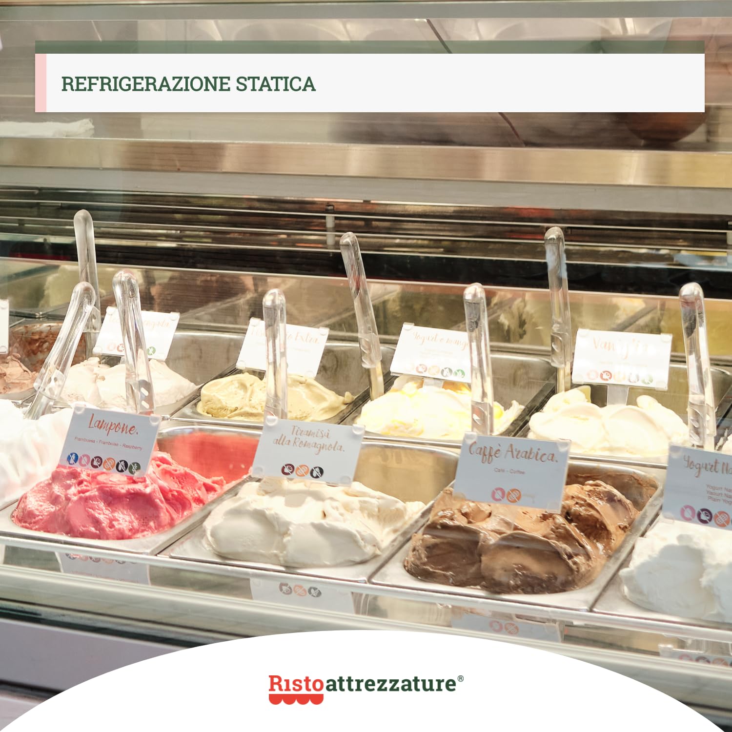 Ristoattrezzature Banco Vetrina Orizzontale per Gelati - Refrigerazione Statica, da - 18 a -24°C - 8 Gusti - con kit da 8 vaschette