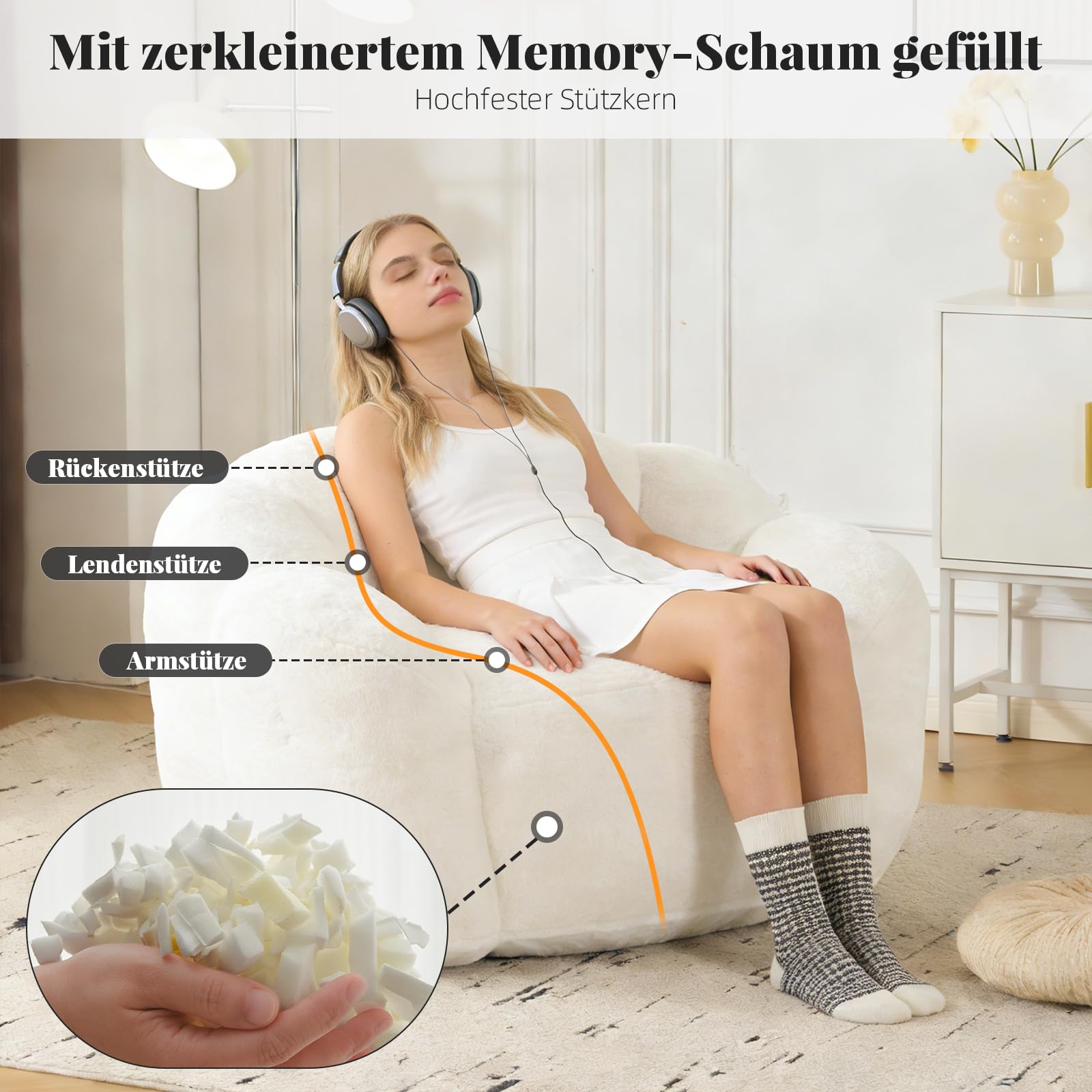 Sitzsack Erwachsene mit Füllung, Petalenförmiger Sitzsack, Großer Bean Bag aus Kunstfell, Bequemer Lounge Sessel, Hochdichter Schaumstoff, Schlafzimmer, Wohnzimmer, Milchweiß