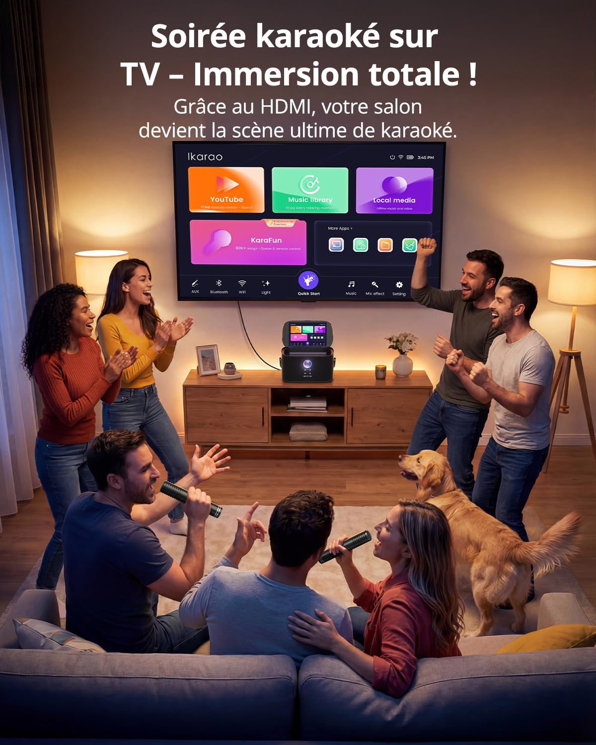 Ikarao Karaoké Adulte - Enceinte Pro avec Écran et 2 Micros sans Fil - 140W - Compatible Wi-FI, HDMI et TV - Idéal pour Fête - Abonnement Karafun Inclus（Shell S2）