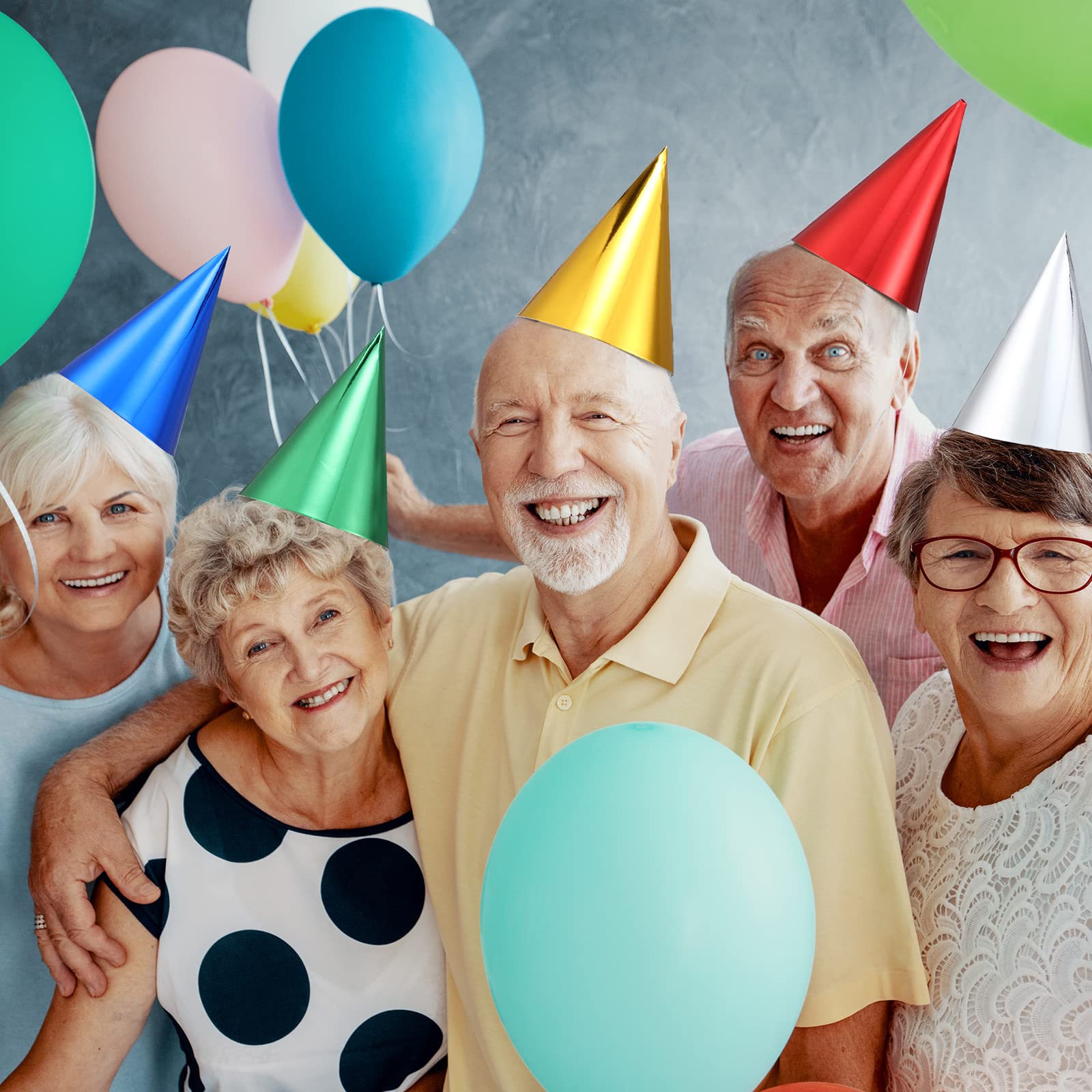 200 Pcs Birthday Party Hats Metallic Cone Bulk Multicolor Paper Hat with Elastic String for Youth Adults Pets, Gold, Silver, Red, Blue and Green