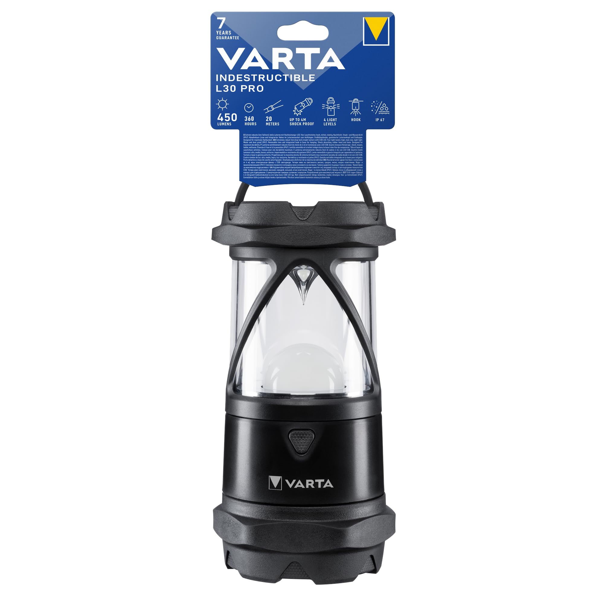 Varta Indestructible H30 Pro COB LED Lantern Farol, Incluye 6 x AA Longlife Power, Resistente al Agua y al Polvo, Absorbe los Golpes, Lente irrompible y Reflector