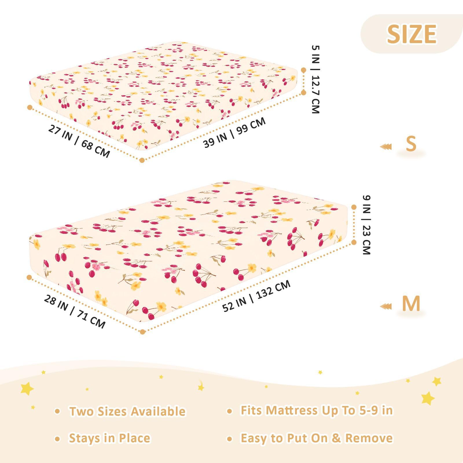 Sábanas para cuna de bebé de algodón con diseño de dibujos animados Sundown Cherry Ivory para bebé, suave y elástica, para decoración de guardería, 1 paquete de sabanas para cuna
