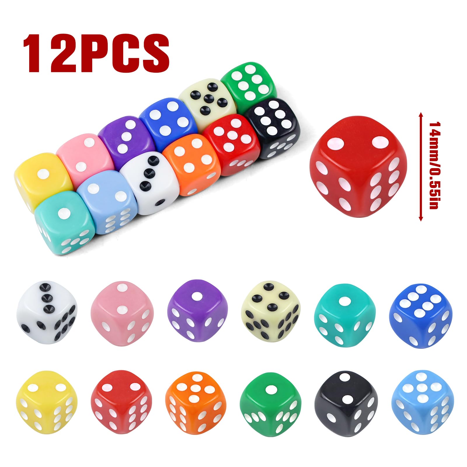 Würfel 12 Stücke, Bunte Würfel Set, 14mm Farbwürfel 6 Seitige, Spielwürfel für Tischkartenspiele, Acrylwürfel 12 Farben, Würfel mit Box, für Matheunterricht, Tischspiele, Party
