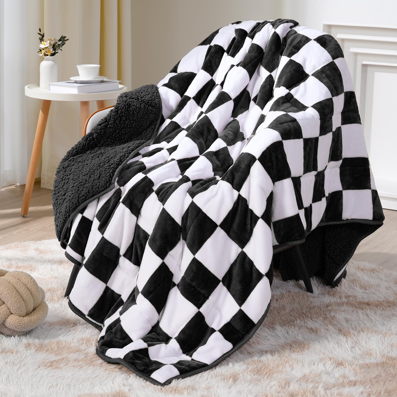 Weighted Blanket for Adults, 10lbs Sherpa Flannel Weighted Blanket Full Size, Soft Fluffy Fleece Checkerboard Weighted Blankets for Calming and Relax, Plaid Black, 48" x 72"