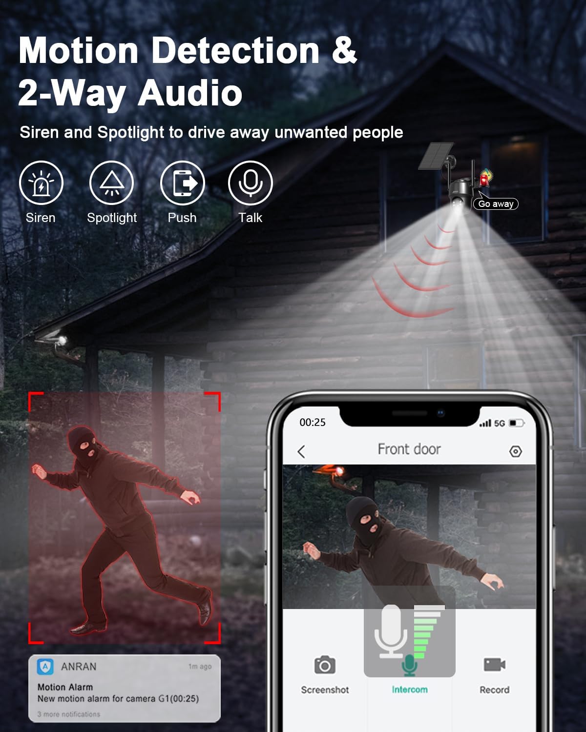 Image illustrating motion detection and two-way audio features with siren and spotlight