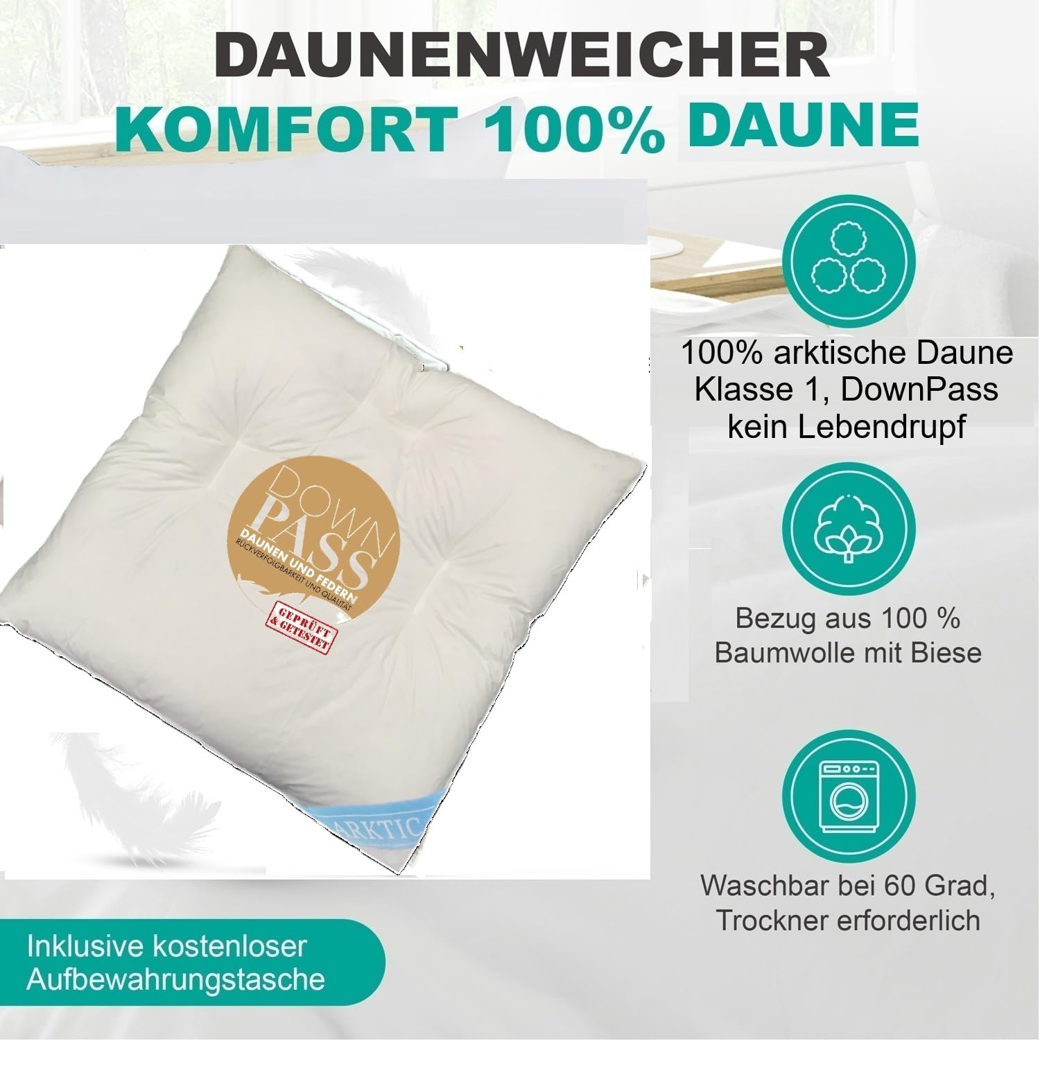 betten-traum-land Bauchschläferkissen Arktic 100% Daune 80x80 cm