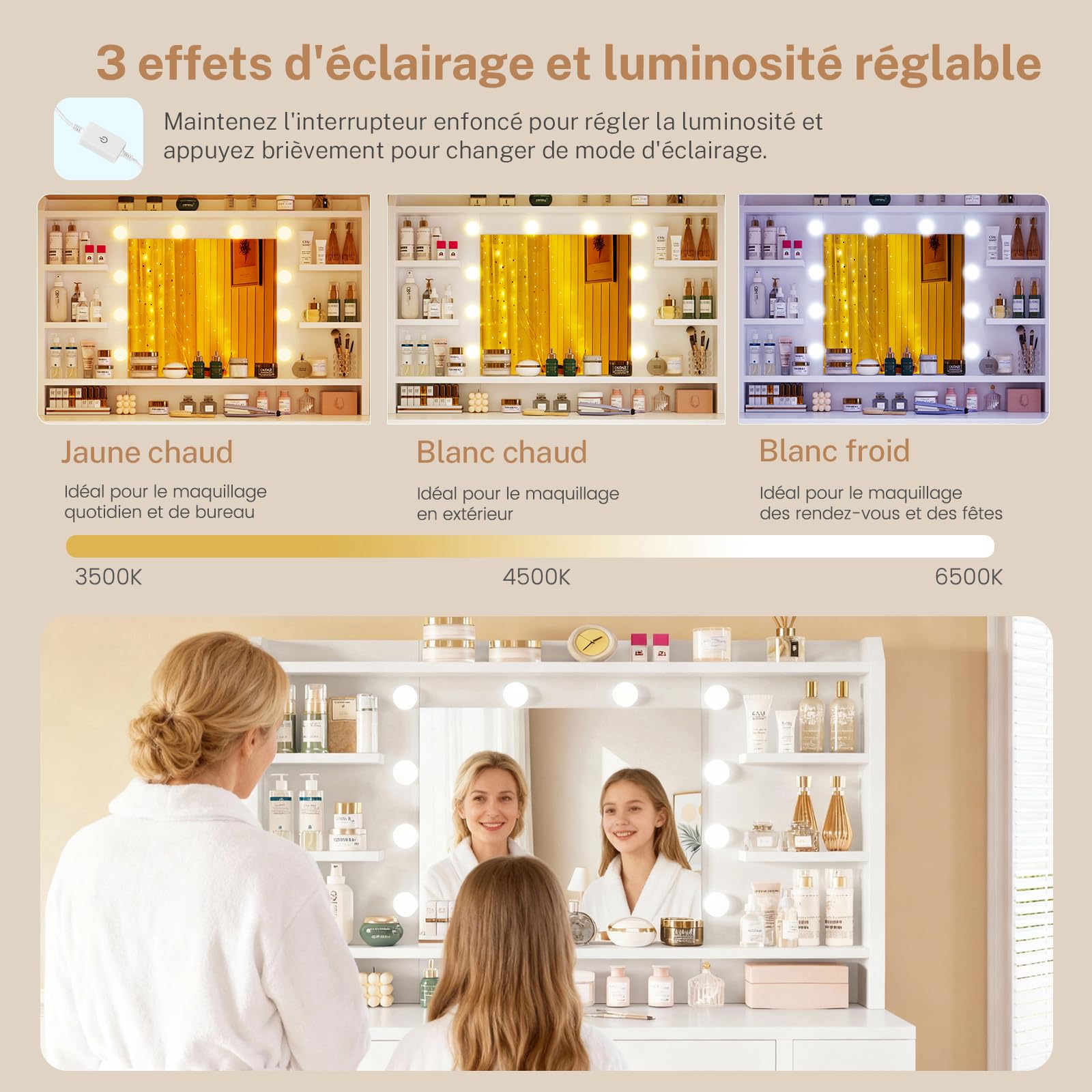 TEENFON Coiffeuse avec Miroir,Luminosité Réglable,3 Couleurs, Coiffeuse avec 4 étagères Ouvertes, Blanc,Rangement Latéral