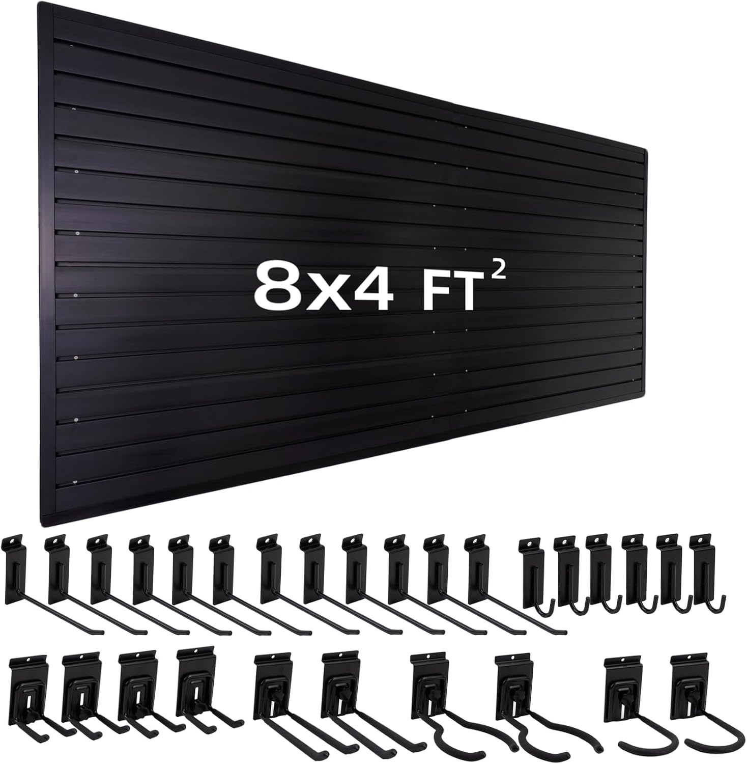 Slatwall Pane 4'x8' with 28 Garage Hooks Garage Wall Organizer PVC Black Slat Wall Panels Garage Wall and Home Organizer Storage System