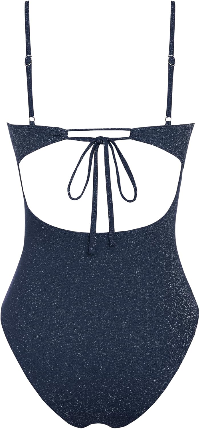 ZAFUL Womens Sexy One Piece Swimsuits 2025 Metallic Shiny Bathing Suits 1 Piece Cheeky High Cut Shimmer Swimwear Dark Blue XL - Image 4