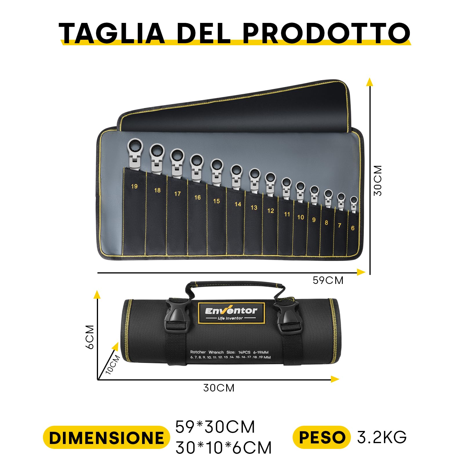 Enventor Set Chiavi a Cricchetto 14 Pezzi, Flessibile Chiave a Cricchetto da Metrico 6mm a 19mm, Acciaio al Cromo Vanadio, 72 Denti, Testa Rotante a 180°, Arco di Rotazione a 5°, Borsa