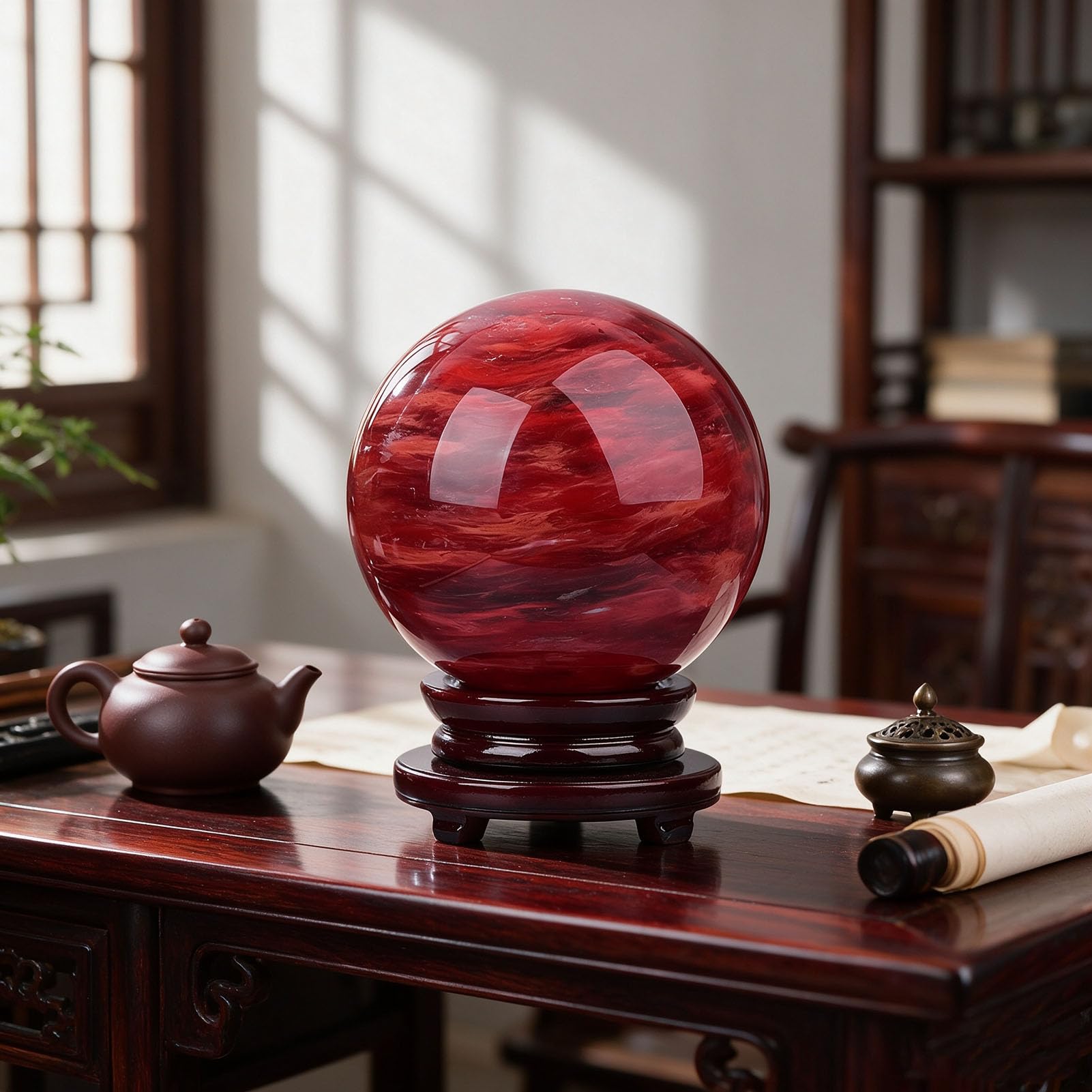 Sfera di Cristallo Rossa con Supporto, Grande Sfera di Cristallo | Sfera curativa di cristallo per la meditazione Feng Shui Divinazione Ufficio Decorazione della casa, Ricchezza successo