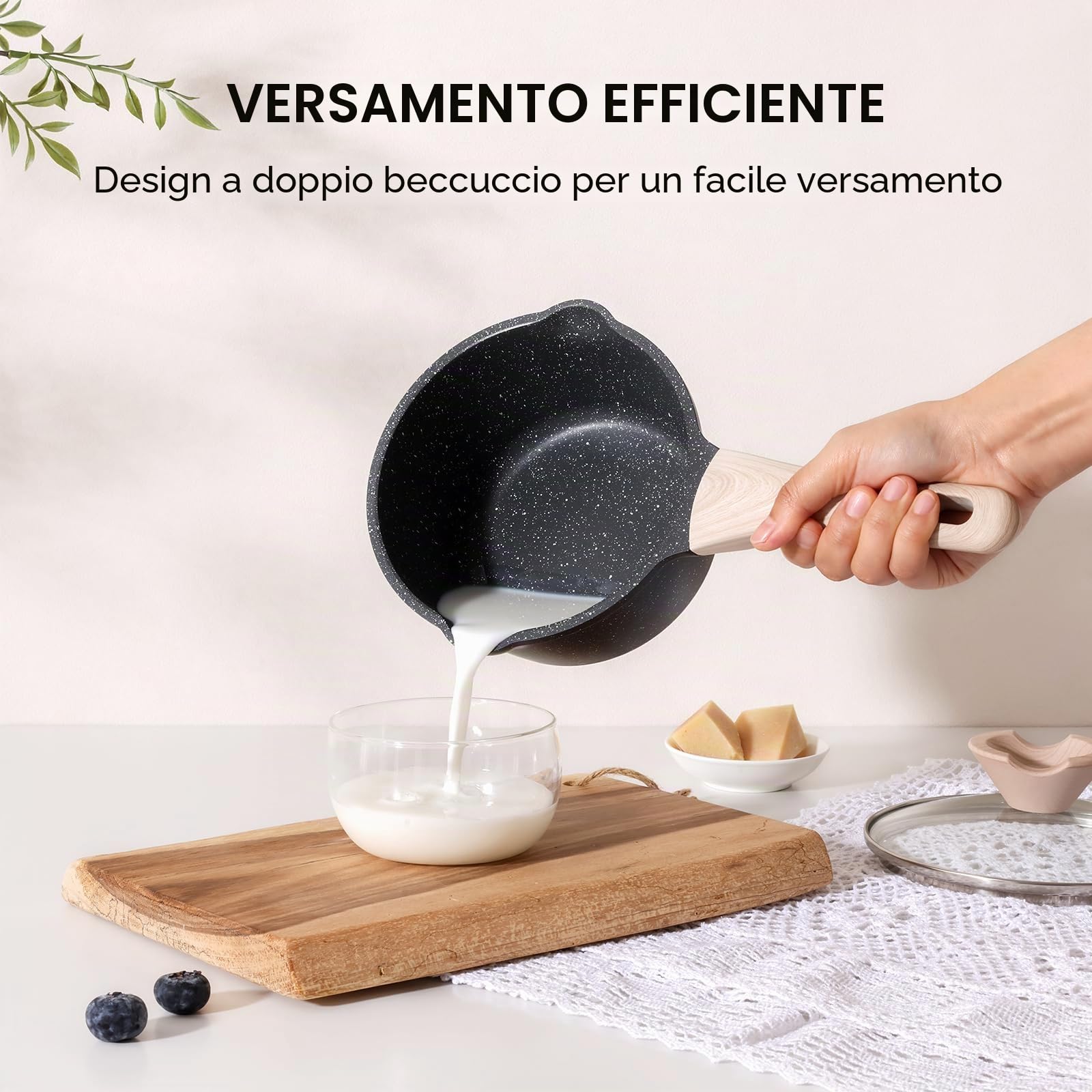 Set di pentole Kordisen con coperchi, da 16 cm e 20 cm, rivestimento in granito, doppio beccuccio per versare, facili da pulire, adatte ai piani cottura a induzione - Ideali per cucine piccole (Nero)