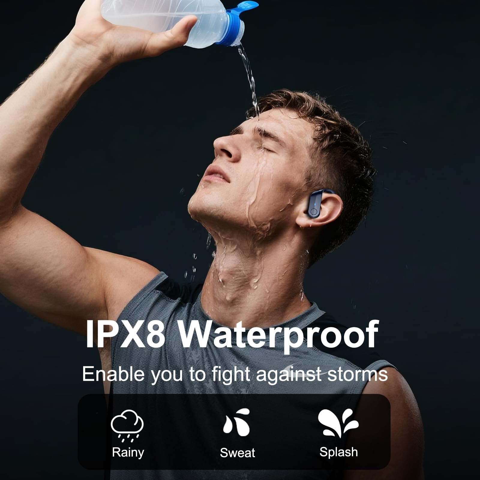 Cuffie Bluetooth sportive, 70 ore, in-ear, Bluetooth 5.4, HiFi stereo bassi profondi, senza fili, con 4 microfoni antirumore, IPX8, impermeabili, con gancio per le orecchie, indicatore LED, Android